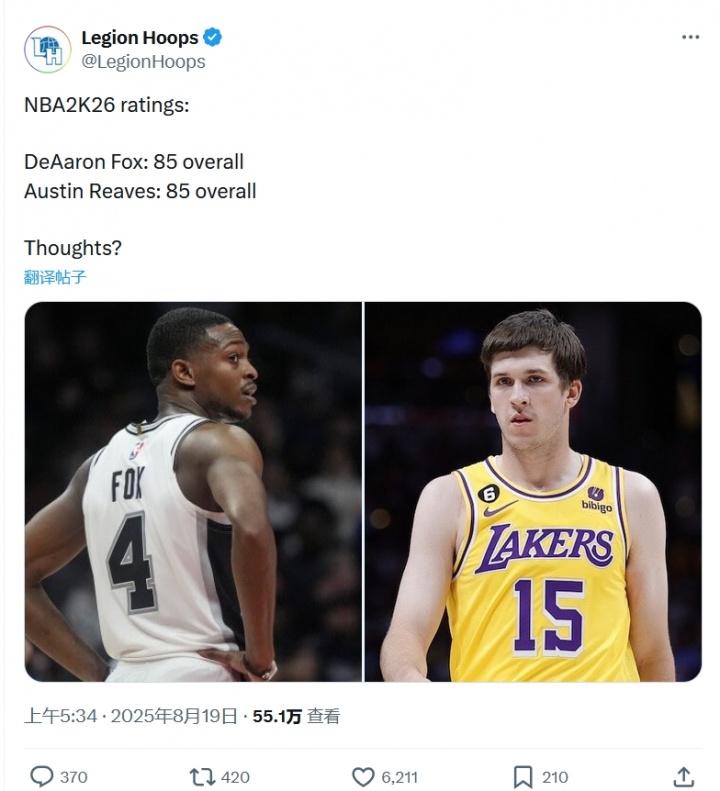 万博体育-网友热议里夫斯&amp;福克斯2K能力值同为85：太疯狂了 福89里最多82！