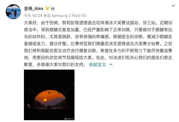 万博max-金杨跟腱炎复发 彭金组合退出花滑大奖赛分站赛